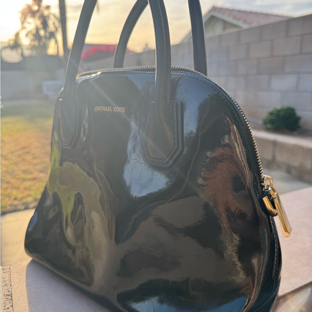 Michael Kors Glossy Black Patent Satchel with Gold Hardware - Picture 3 of 10
